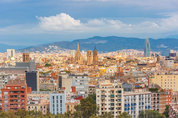 Aerial view of Barcelona with Cathedral of the Holy Cross and Saint Eulalia de Barcelona from the Montjuic hill Catalonia Spain