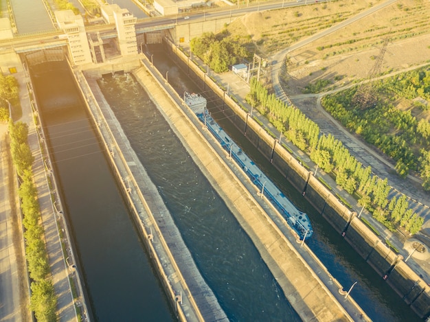 aerial view of barge ship on the river in gateway dock.