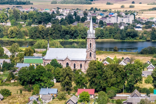 Aerial view on baroque temple or catholic church in countryside