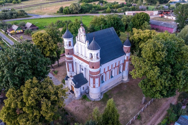 Aerial view on baroque temple or catholic church in countryside