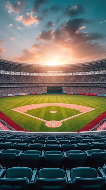 緑のフィールドと赤い粘土のインフィールドを持つ野球スタジアムの空中写真