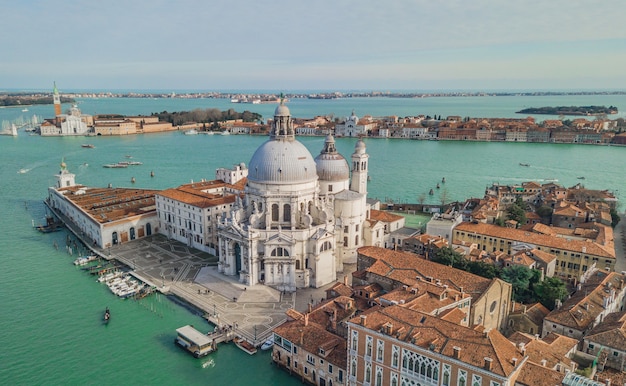 Aerial view of Basilica di Santa Maria della Salute in Venice