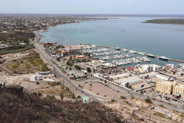 Aerial view of the Bay of La Paz in Mexico with a marina