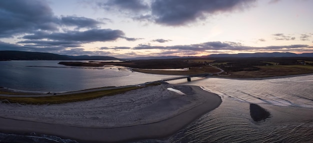 Aerial view of a beach on the Atlantic Ocean Coast during a dramatic sunrise