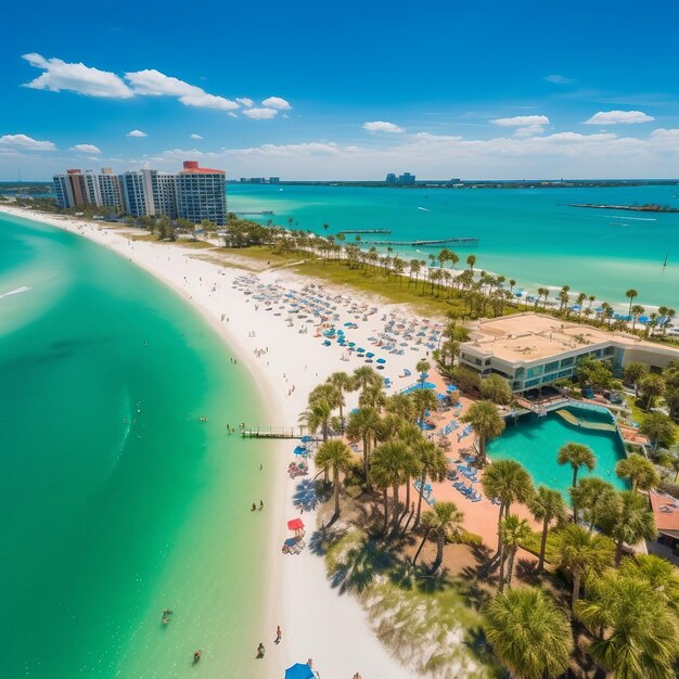 An aerial view of a beach and resort