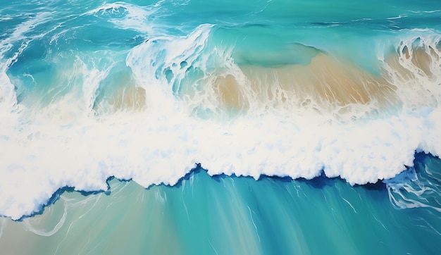 an aerial view of a beach and water in the style of cyan complex texture naturalistic ocean waves