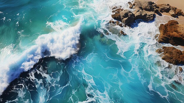 an aerial view of beach and water in the style of light aquamarine