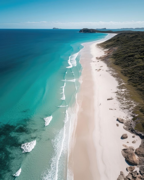 An aerial view of a beach with a blue ocean and white generative ai