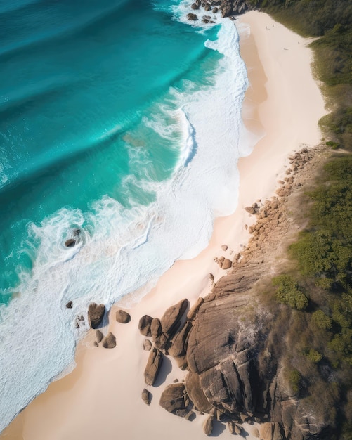 An aerial view of a beach with a blue ocean and white generative ai