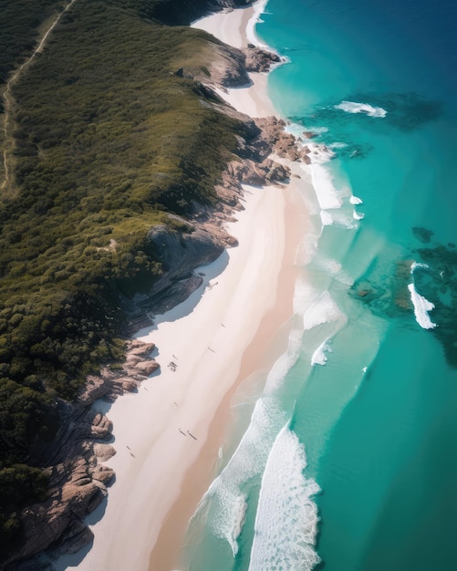 An aerial view of a beach with a blue ocean and white generative ai