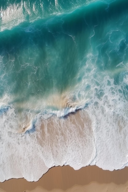 An aerial view of a beach with a blue ocean and white waves