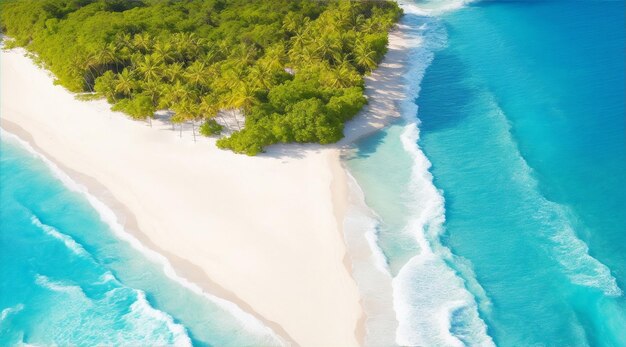 Aerial view of beach with blue water wave and palm trees by Generative AI