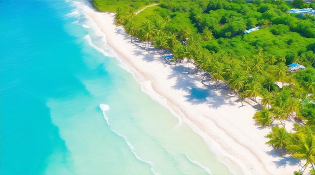 Вид с воздуха на пляж с голубой волной и пальмами Генеративный AI