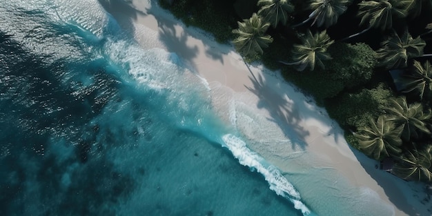 aerial view of beach with blue water wave and palm trees