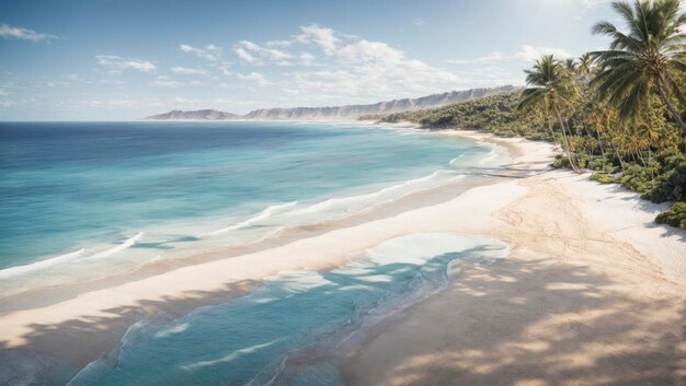 Aerial view of beach with blue water wave and palm trees