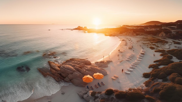 aerial view of the beach with blue water and a white sand with beach umbrellas