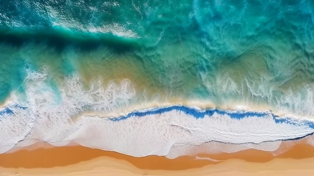 An aerial view of a beach with blue water and white sand