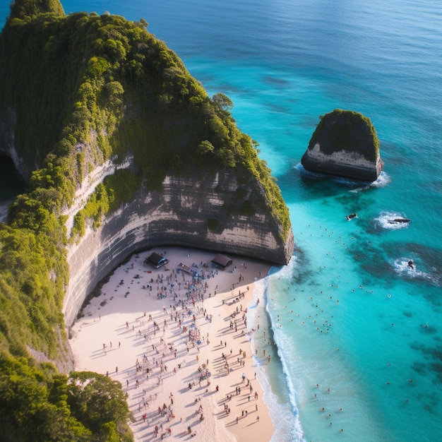 Aerial view of a beach with a cliff and a body of water generative ai