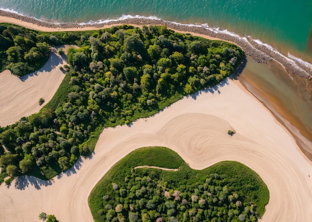 Photo an aerial view of a beach with a green forest and a beach in the background.