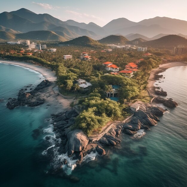 Photo aerial view of a beach with a house and a mountain range generative ai