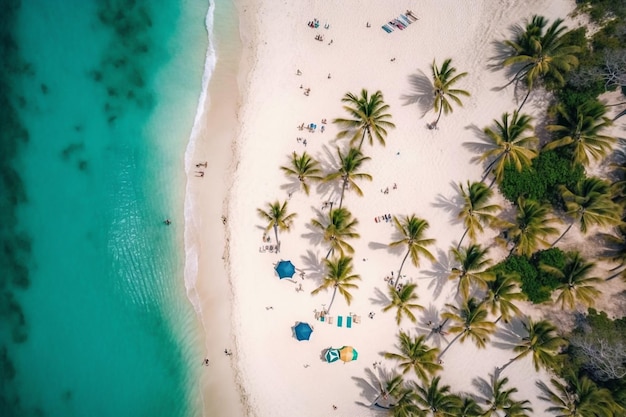 Aerial view of a beach with palm trees and a beach chair.