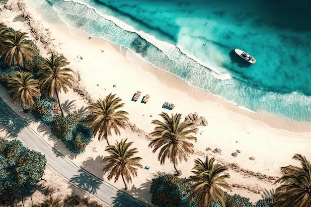 Aerial view of a beach with palm trees and a boat