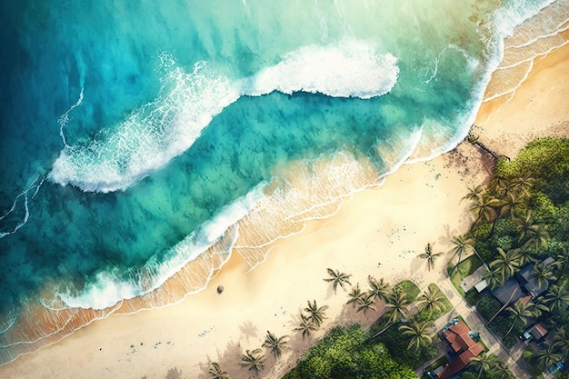 Вид с воздуха на пляж с пальмами и дом слева