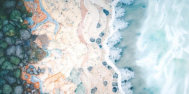 Foto vista aerea di una spiaggia con una persona che cammina sulla sabbia generativa ai