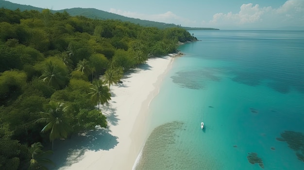 A aerial view of a beach with a sailboat Generative Ai