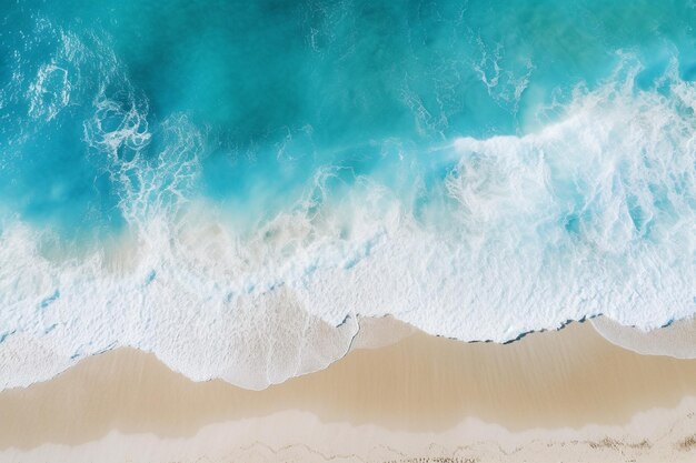 aerial view of a beach with a surfboard and a wave generative ai