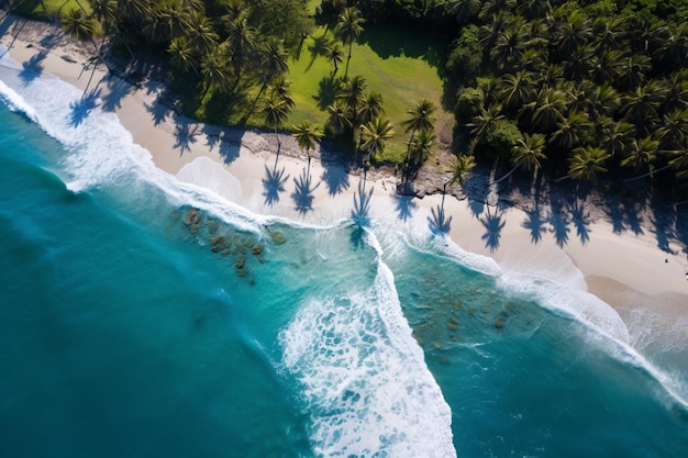 aerial view of a beach with a surfboarder riding a wave generative ai