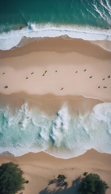 Aerial view of beach with surfers on the sand and waves