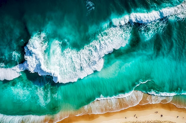 An aerial view of a beach with turquoise water and waves