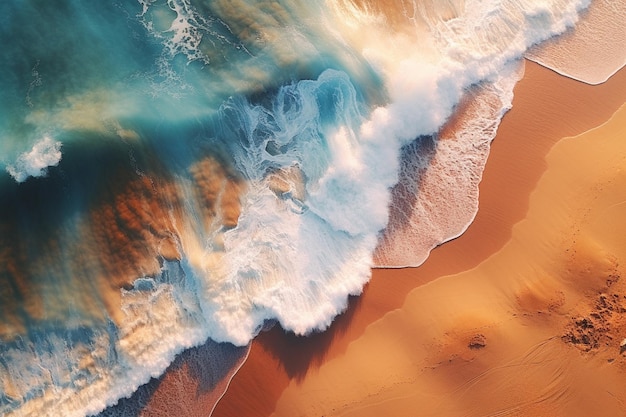 Aerial view of a beach with a wave crashing on the sand generative ai