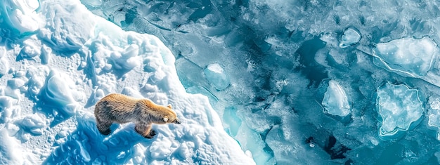 An aerial view of a bear traversing a glacial landscape with textured ice and snow formations warm