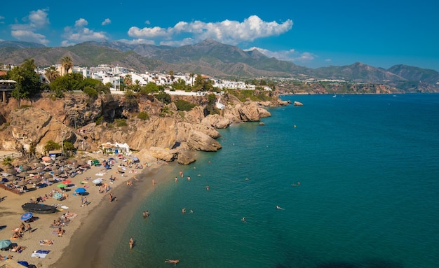 Aerial view of the beautiful beach of Nerja in Spain