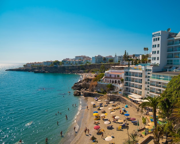 Aerial view of the beautiful beach of Nerja in Spain