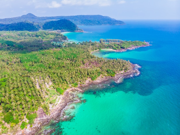 Aerial view of beautiful beach and sea with coconut palm tree