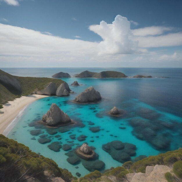 Aerial view of a beautiful beach with rocks and turquoise water generative ai