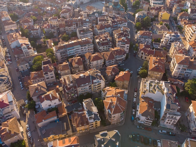 Aerial view of the beautiful city of Burgas at sunset Bulgaria