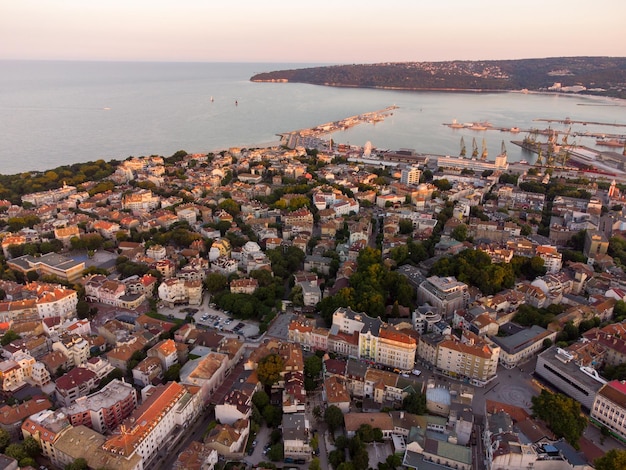 Aerial view of the beautiful city of Varna at sunset Bulgaria