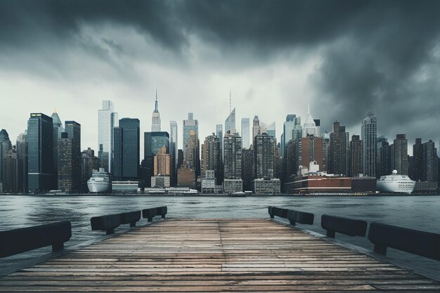 Foto vista aerea di un bellissimo paesaggio urbano con edifici illuminati e un mare sotto le nuvole della tempesta