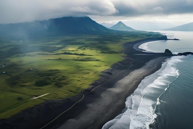 Aerial View of Beautiful Coastal Beach with Black Volcanic Tops Cloudy Sky and Beach Camp