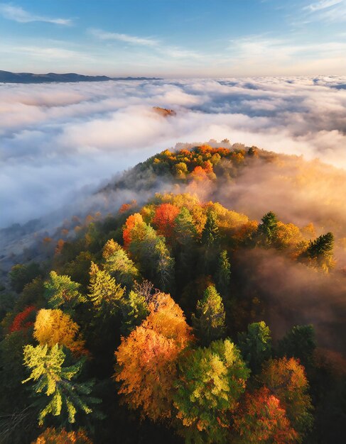 Aerial view of beautiful colorful autumn forest in low clouds at sunrise top view of orange