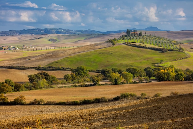 Aerial view of beautiful countryside valley hills trees fields sunny weather and blue sky Tuscany nature Italy Europe