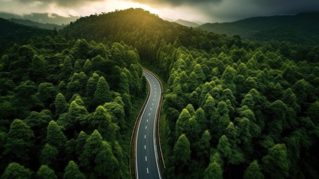 Aerial view beautiful curve road on green forest in the rain season