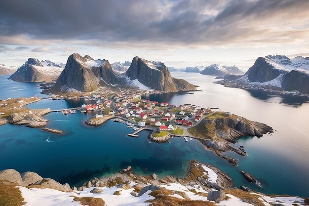 Photo aerial view over beautiful henningsvr in lofoten norway