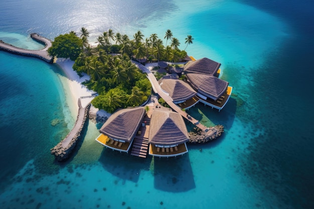 Foto vista aerea di una bellissima isola in mezzo al mare isola di vacanza con tenda e natura e spiaggia marittima