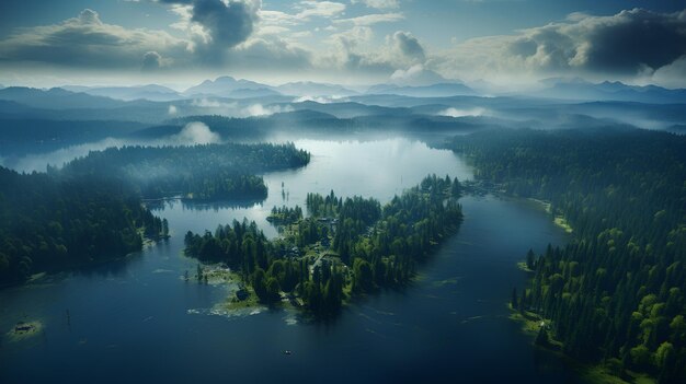 森の中の美しい湖の空中景色