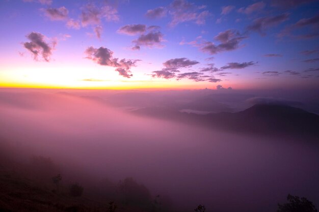 Aerial view Beautiful of morning scenery sea of cloud and the fog flows on high mountains